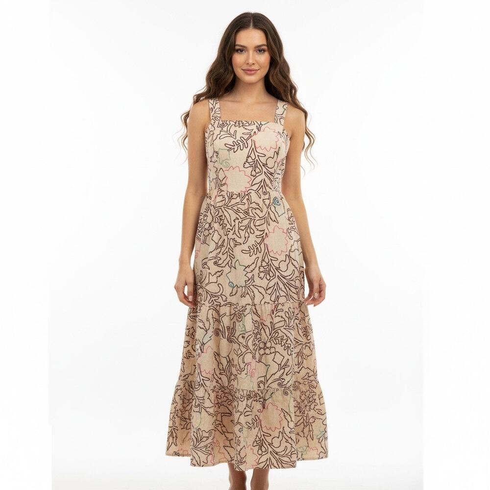 Knox Rose Beige Brown Floral Midi Dress Square Neck Cottagecore Medium Resort